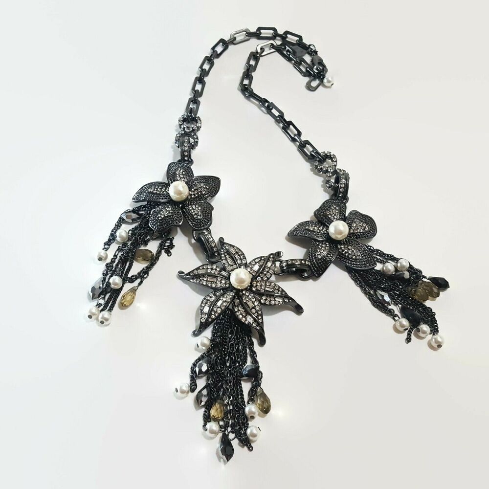 White House Black Market Faux Pearl & Rhinestone Floral Statement Necklace